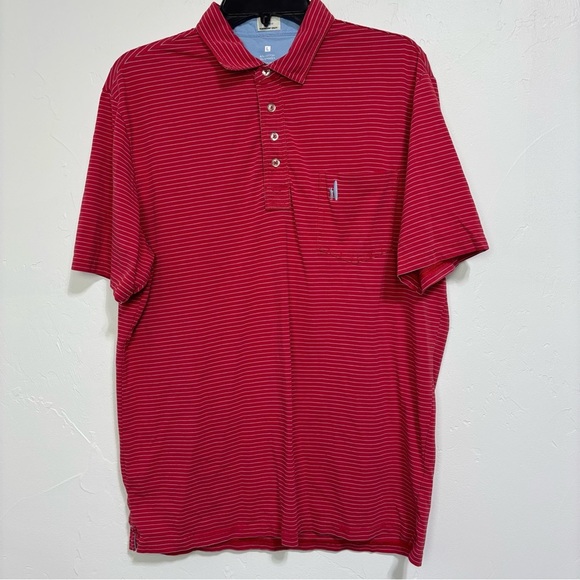 Johnnie-O Hangin' Out Red Striped Polo Short Sleeve Men's Large Shirt HOLE FLAW - Picture 1 of 11